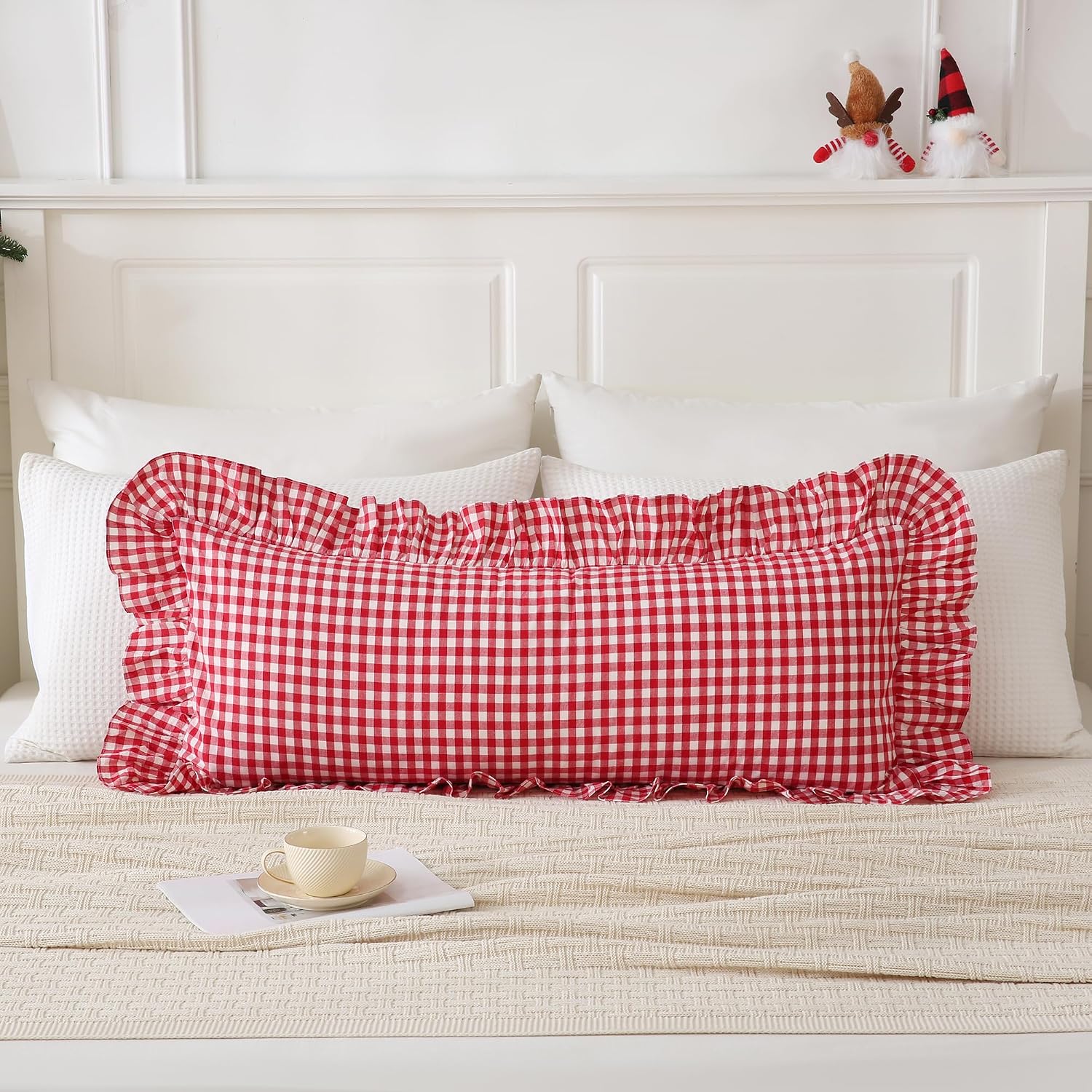 Qilunn 14x36 inches Red/White Plaid Ruffle Lumbar Gingham Pillow Sham 1 Piece, Pure Cotton Decor Pillowcase Farmhouse Pillow Cover for Bedd…