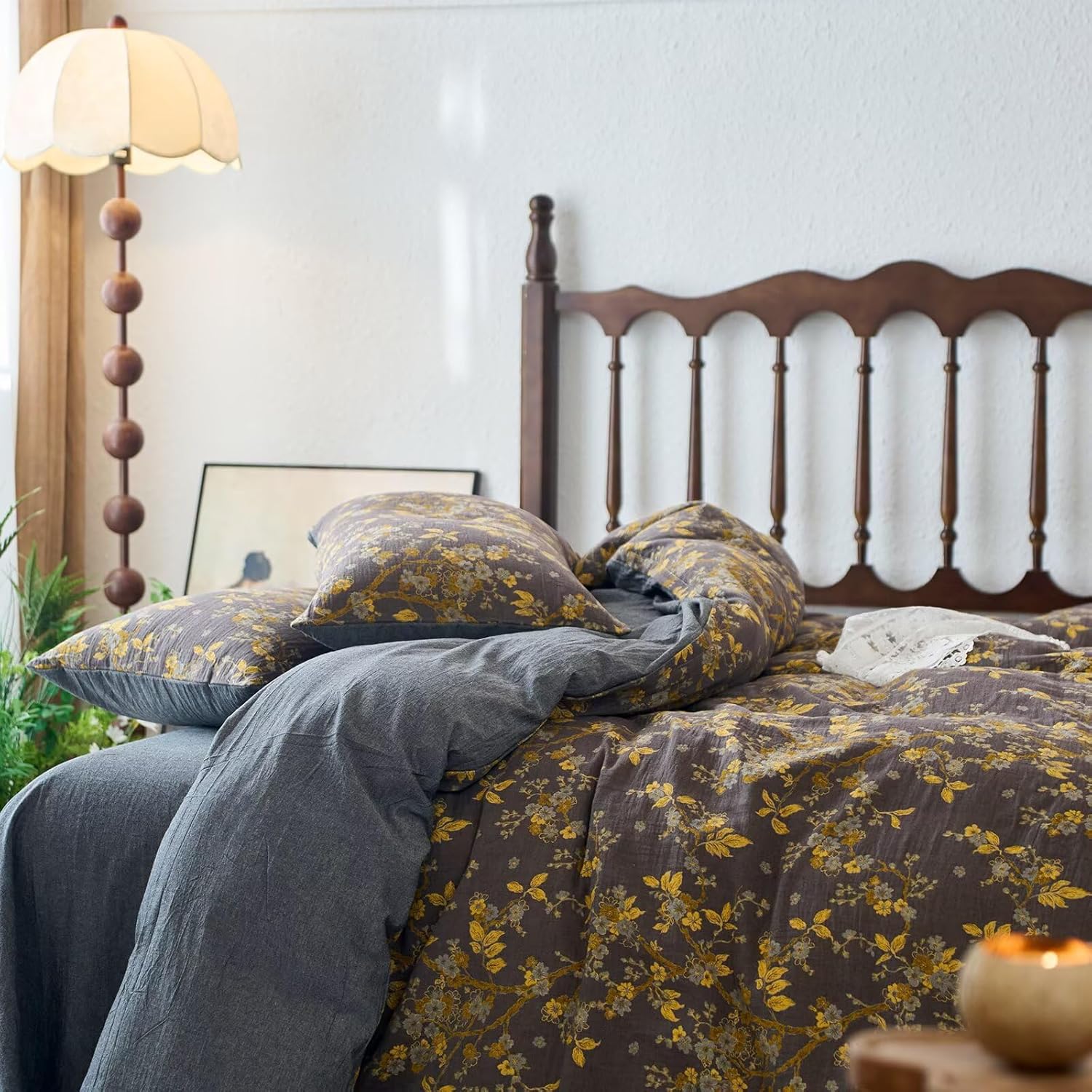 mixinni Vintage Floral Duvet Cover King Set - Gold Jacquard & Grey Reversible, 100% Yarn-Dyed Double-Layer Cotton, Breathable & Luxurious F…