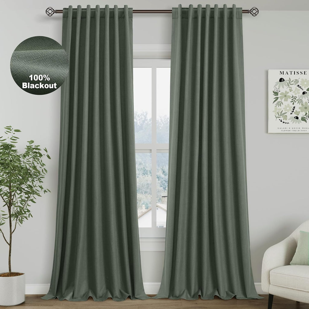 Nanspring Olive Green 100% Blackout Linen Curtains 96 Inches Long for Bedroom Back Tab Thermal Insulated Modern Farmhouse Decor Curtain for…