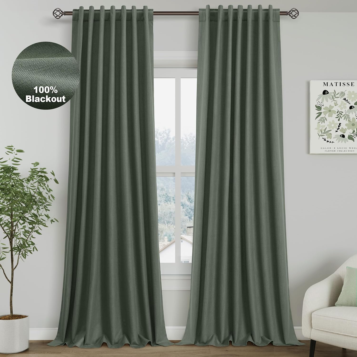 Nanspring Olive Green 100% Blackout Linen Curtains 96 Inches Long for Bedroom Back Tab Thermal Insulated Modern Farmhouse Decor Curtain for…