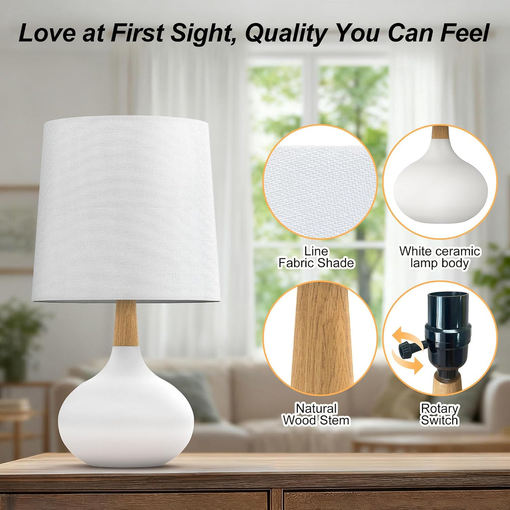 Hightry 14" Small Ceramic Table Lamp Set of 2, Bedside Lamp for Living Room with Natural Wood Stem & Linen Shade for Home Decor, Modern Far…