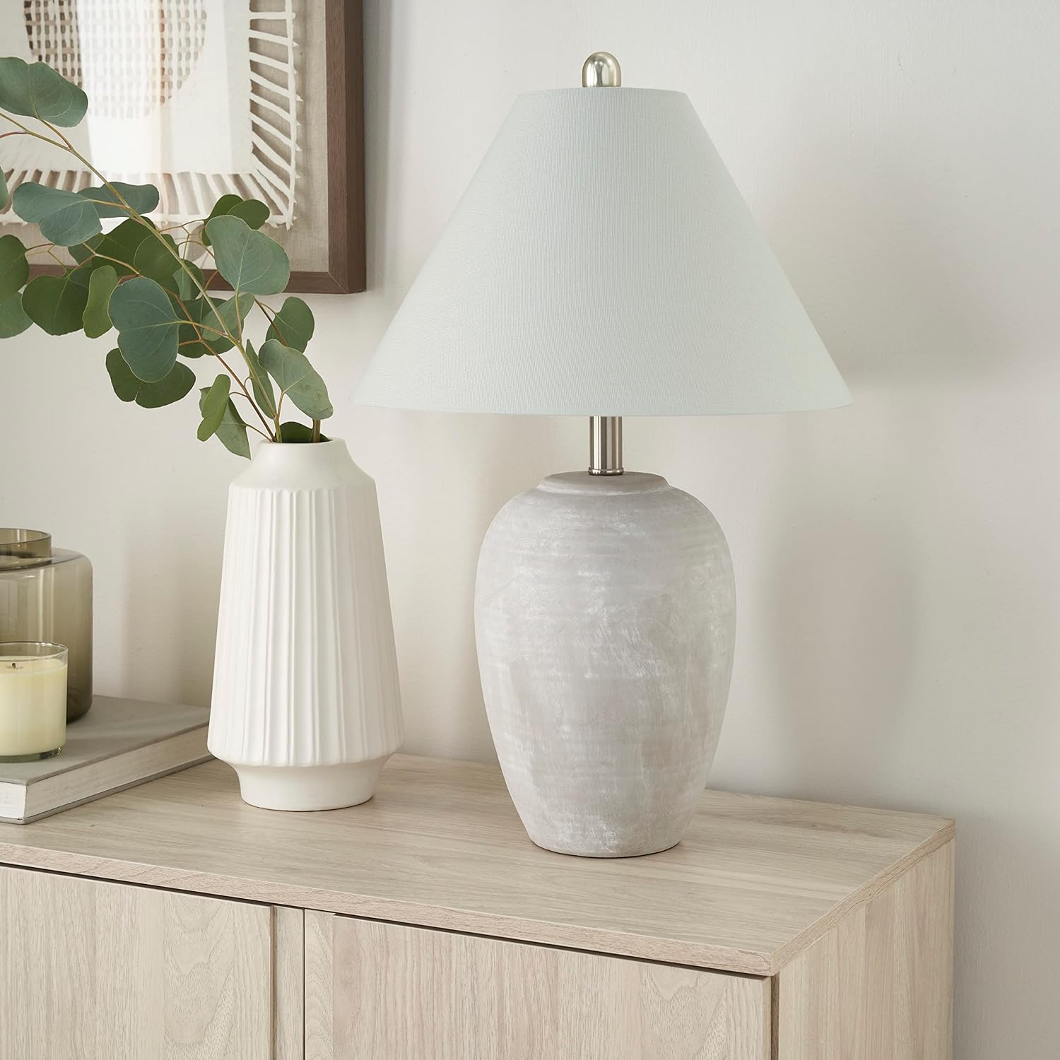 Nourison Home 23" Grey Vintage Distressed Ceramic Pot Table Lamp for Bedroom, Living Room, End Table, with Grey Conical Empire Shade