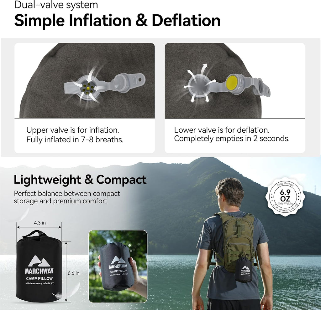 MARCHWAY Inflatable Camping Pillow with Soft Foam Top & TPU Air Bladder, Dual-Sided Support for All-Season, Lightweight Compact Travel…