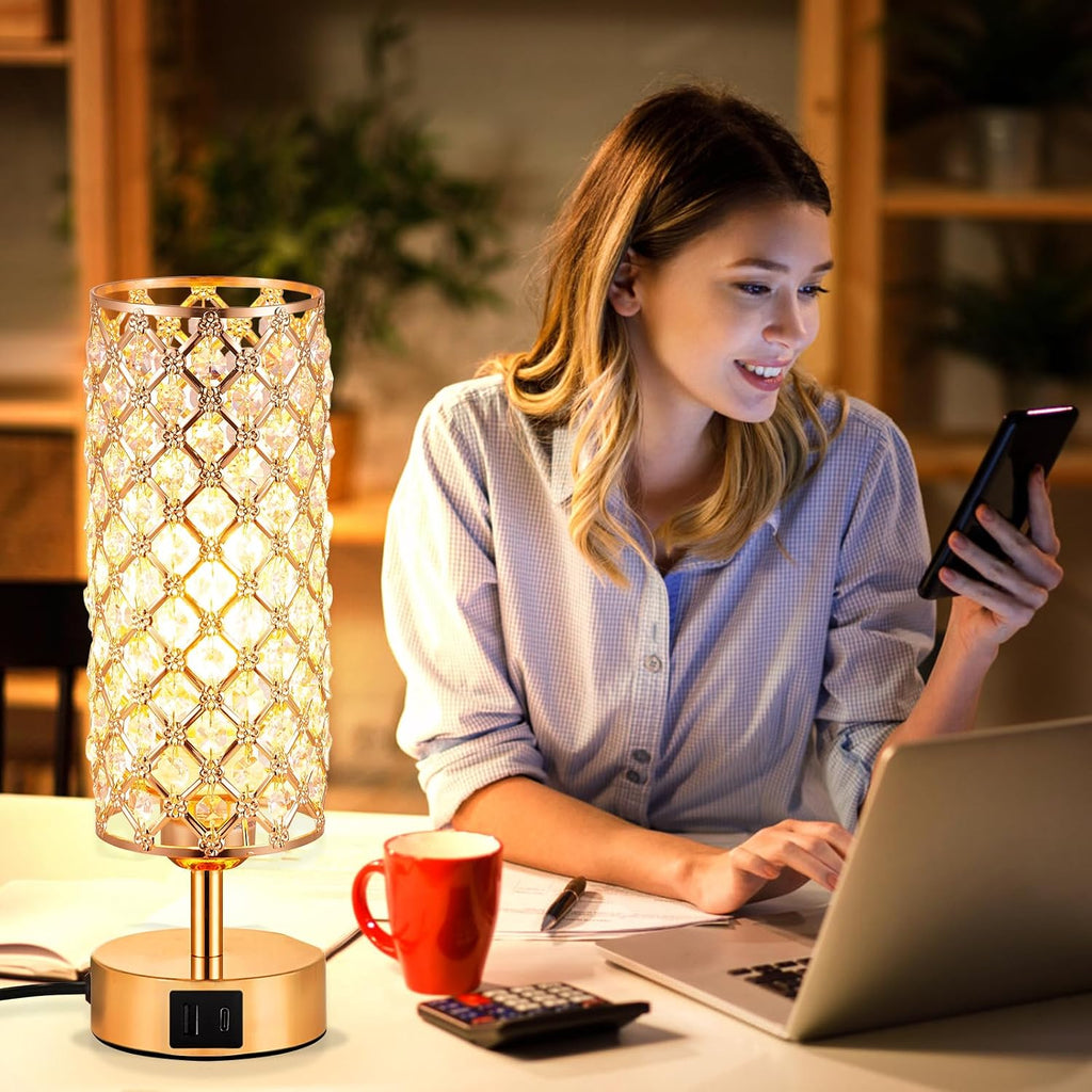 Crystal Table Lamp, Gold Lamp for Bedroom with USB-C USB-A Charging Ports, 3 Way Dimmable Light with Crystal Lampshade, Bedside Lamp…