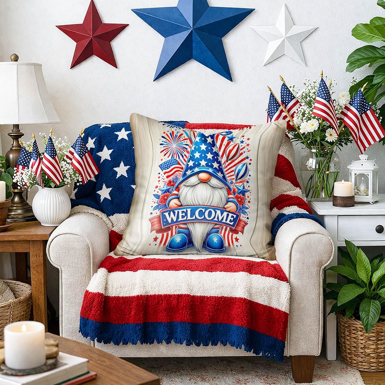 BlissYard 4th of July Pillow Covers 18x18 Set of 2 Patriotic Gnome Pillow Covers American Flag Throw Pillow Covers Independence Day…