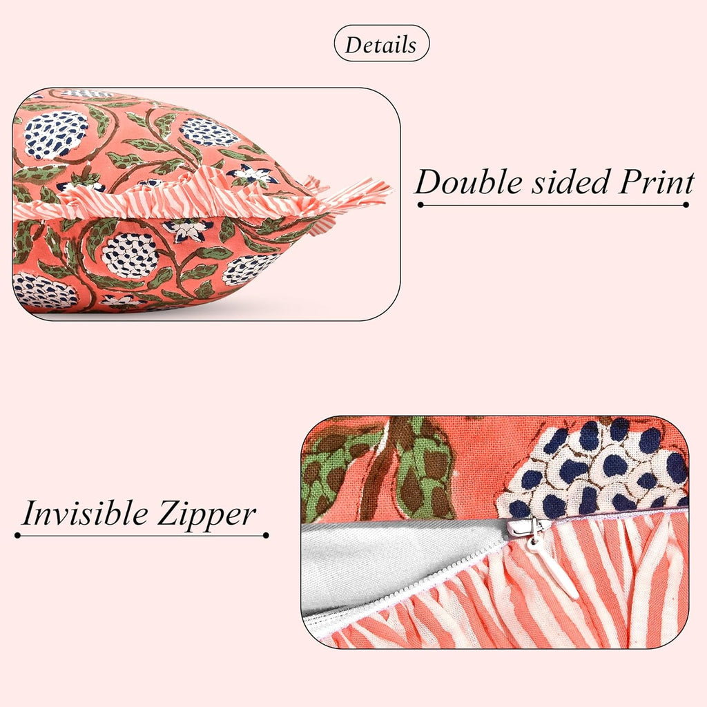 Ridhi Block Print Dark Salmon Pink 36"x14" Set 1-100% Cotton Ruffle Lumbar Sham Cover Boho Floral Pillowcase, Farmhouse Cottagecore…