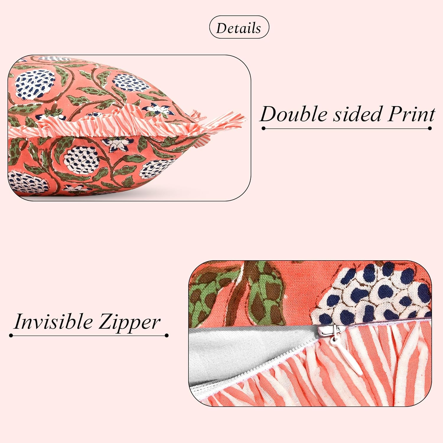 Ridhi Block Print Dark Salmon Pink 36"x14" Set 1-100% Cotton Ruffle Lumbar Sham Cover Boho Floral Pillowcase, Farmhouse Cottagecore…