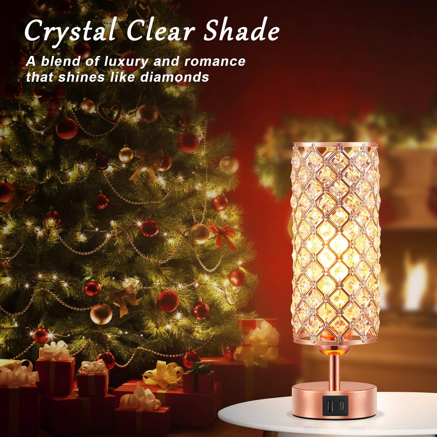 Hong-in Crystal Table Lamp - 3-Way Dimmable Touch Control, Rose Gold Bedside Lamp with USB C and A Ports, Nightstand Light for Living…