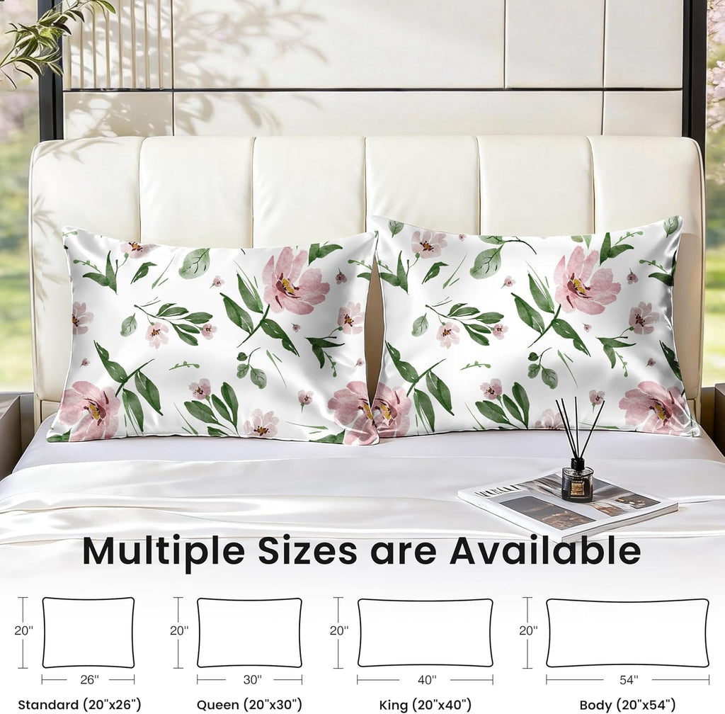 EXQ Home Satin Pillowcase for Hair and Skin Queen - Printed Pink Bloom Silk Pillow Cases 2 Pack 20x30 inches - Satin Pillow Cases Set of…