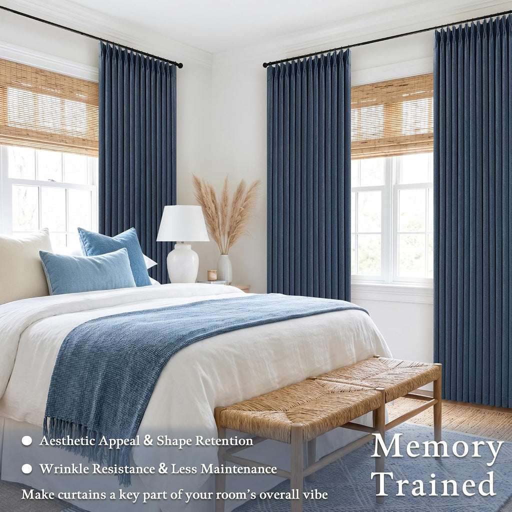 Twodrapes Dark Blue 96 Inch Pinch Pleated Blackout Linen Curtains for Bedroom 2 Panels Memory Trained 100% Black Out Soundproof Room Darken…