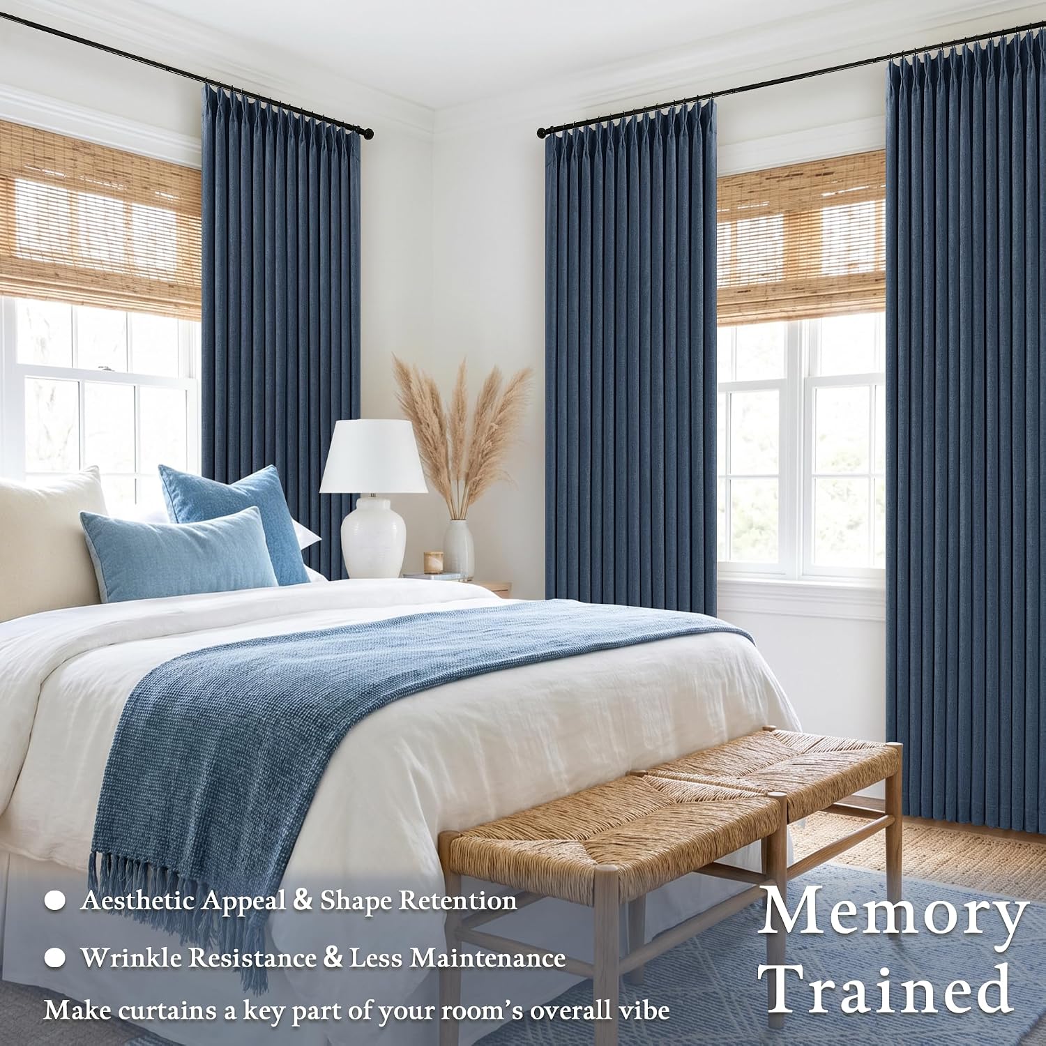 Twodrapes Dark Blue 96 Inch Pinch Pleated Blackout Linen Curtains for Bedroom 2 Panels Memory Trained 100% Black Out Soundproof Room Darken…