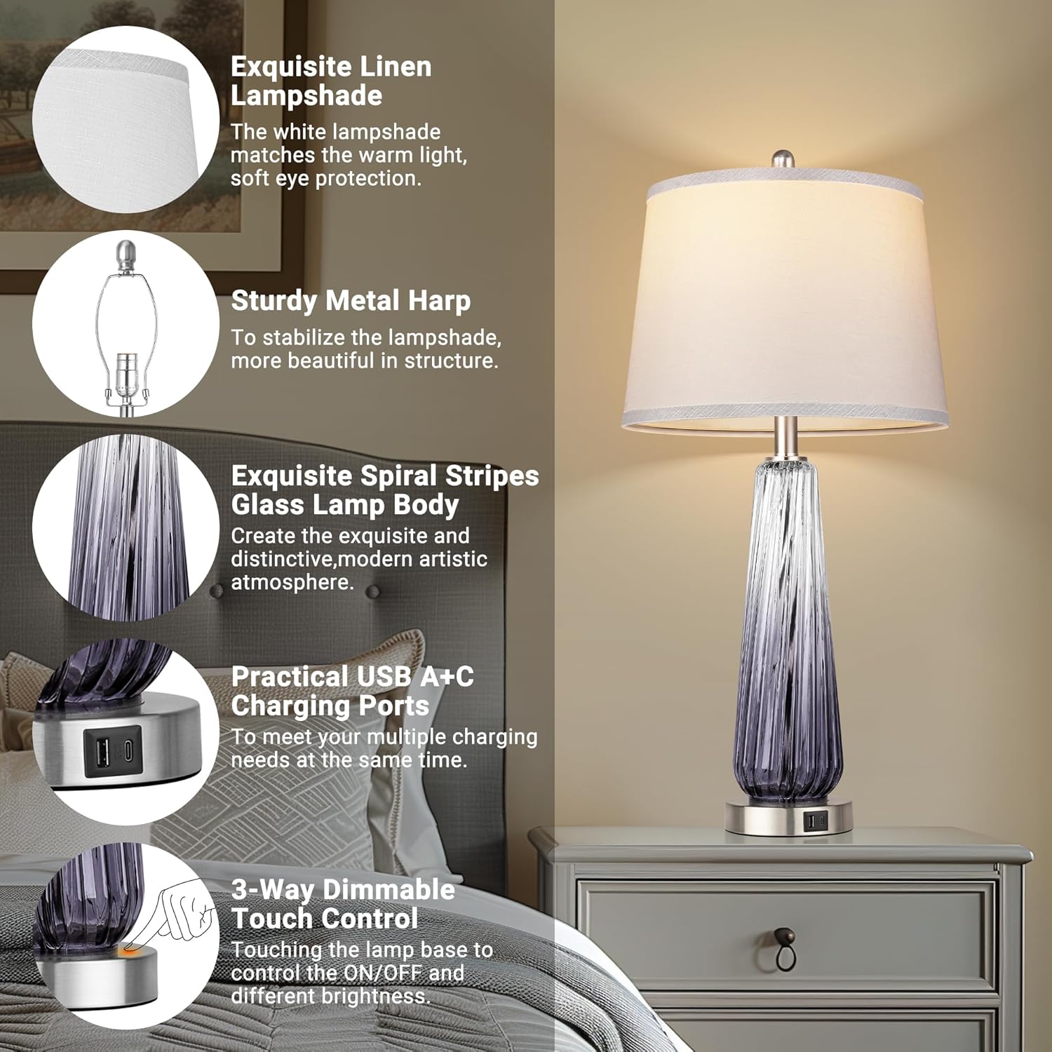 Glass Table Lamps for Living Room, Modern Bedside Lamps with USB A+C Ports, 3-Way Dimmable Touch Control Nightstand Lamp with White Linen…