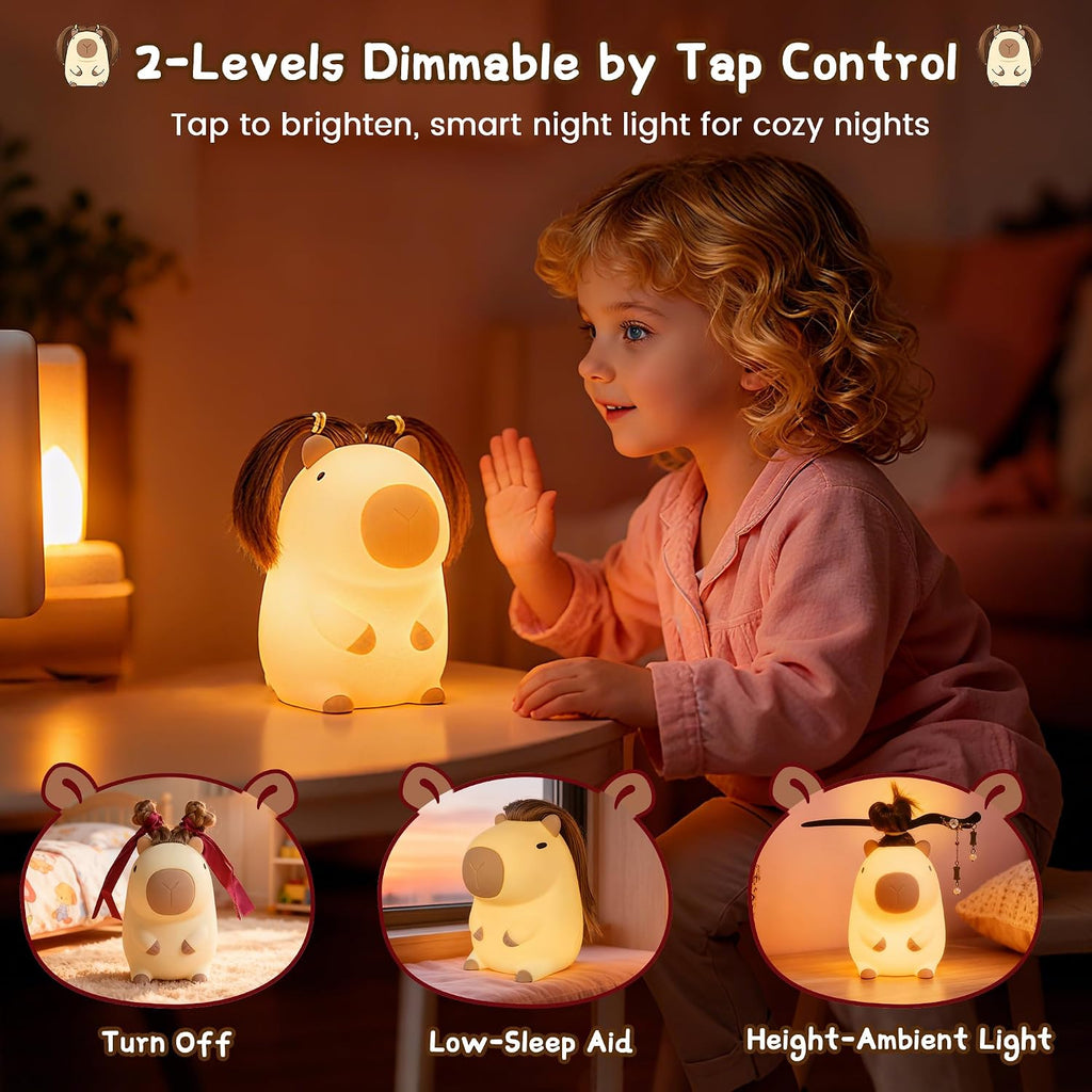 FAMIDUO-BrightenYourLife Cute Capybara Night Light with DIY Hairstyle, Squishy Silicone Lamp, Nursery Nightlight for Kids, Rechargeable Tou…