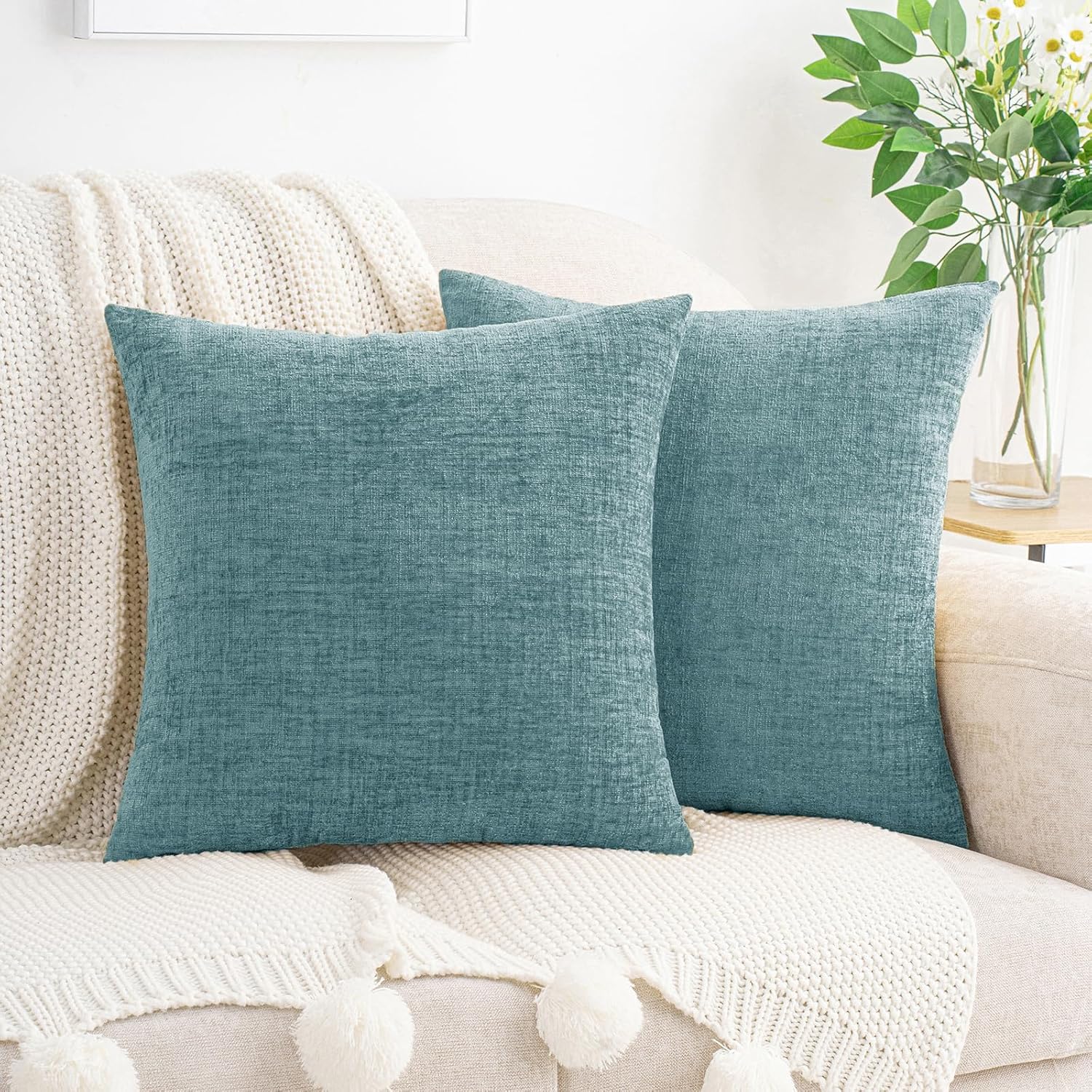 Hwy50 HWY 50 Smoky Blue Couch Pillow Covers 16x16 Inch Pack of 2, Soft Chenille Decorative Throw Pillow Cases Farmhouse for Sofa Living Roo…