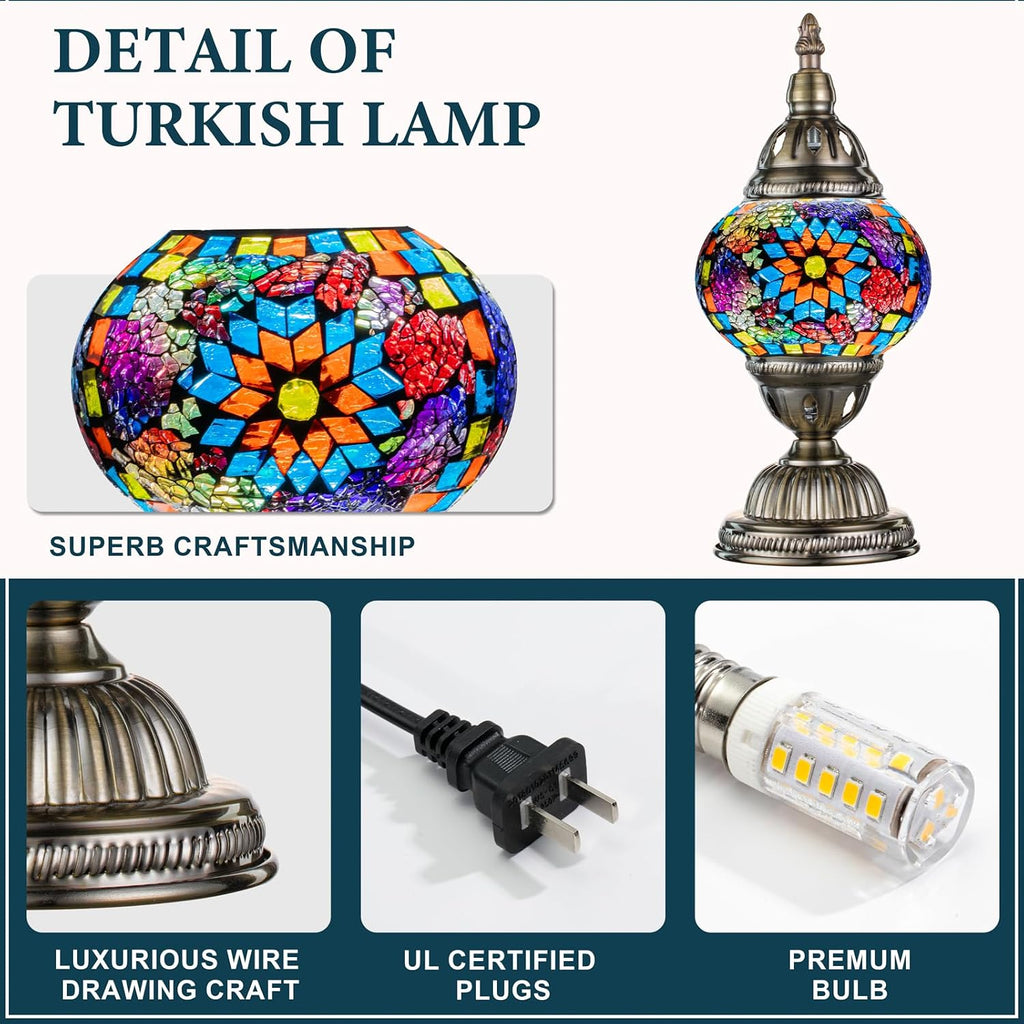 Marrakech Turkish Table Lamp with Bronze Base, Handmade Colorful Moroccan Tiffany Style Mosaic Glass Night Stand Light Fixture Including…