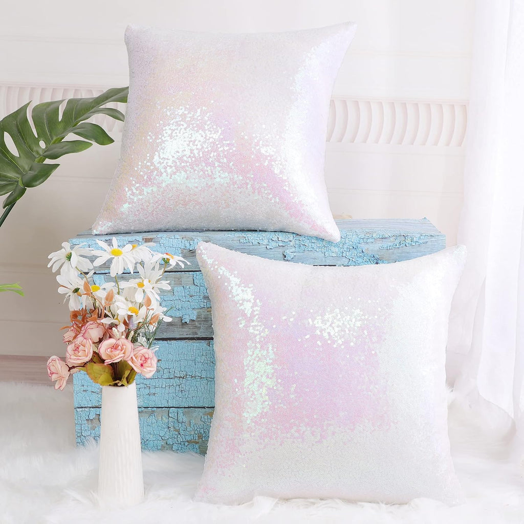 uxcell 2 Pcs Starry Pink Sequin Throw Pillow Covers, Shiny Sparkling Satin Sequin Cushion Covers, Decorative Pillowcases for…