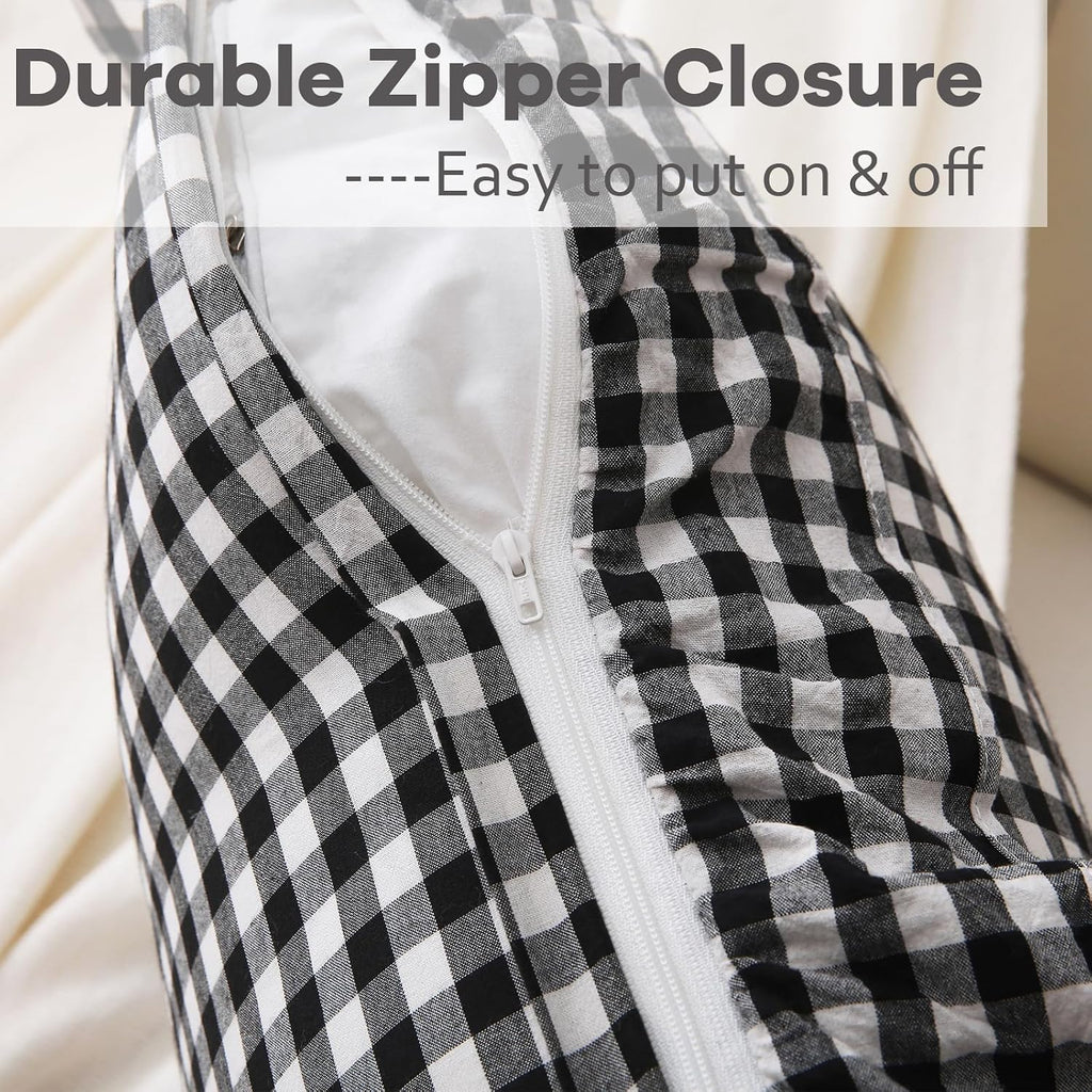 Kmasaniji 2 Pack Black White Plaid Ruffle Gingham Throw Pillow Covers, 100% Washed Cotton Buffalo Checkered Farmhouse Pillow Shams - 18''x1…
