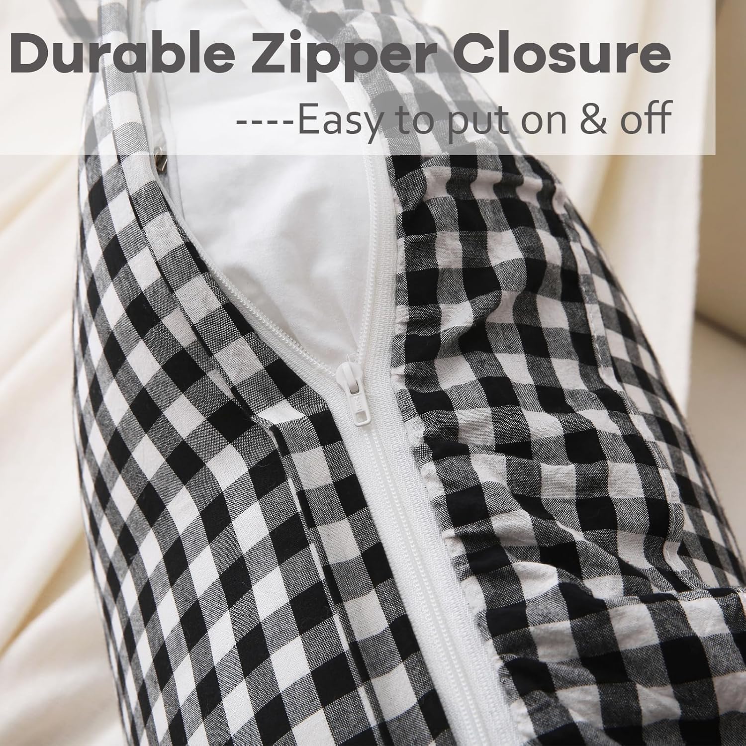 Kmasaniji 2 Pack Black White Plaid Ruffle Gingham Throw Pillow Covers, 100% Washed Cotton Buffalo Checkered Farmhouse Pillow Shams - 18''x1…