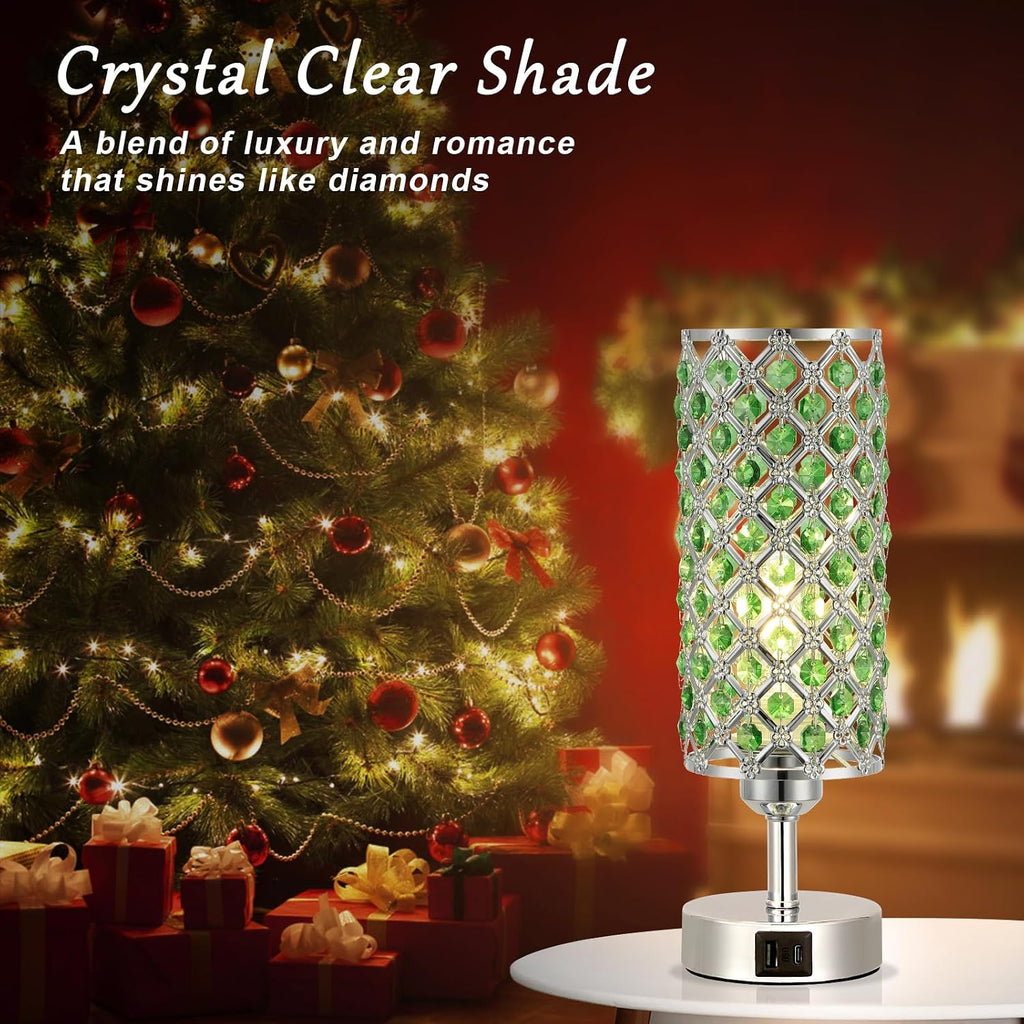Hong-in Green Crystal Table Lamp - 3-Way Dimmable Touch Control, Bedside Lamp with USB C and A Ports, Nightstand Light for Living Room…
