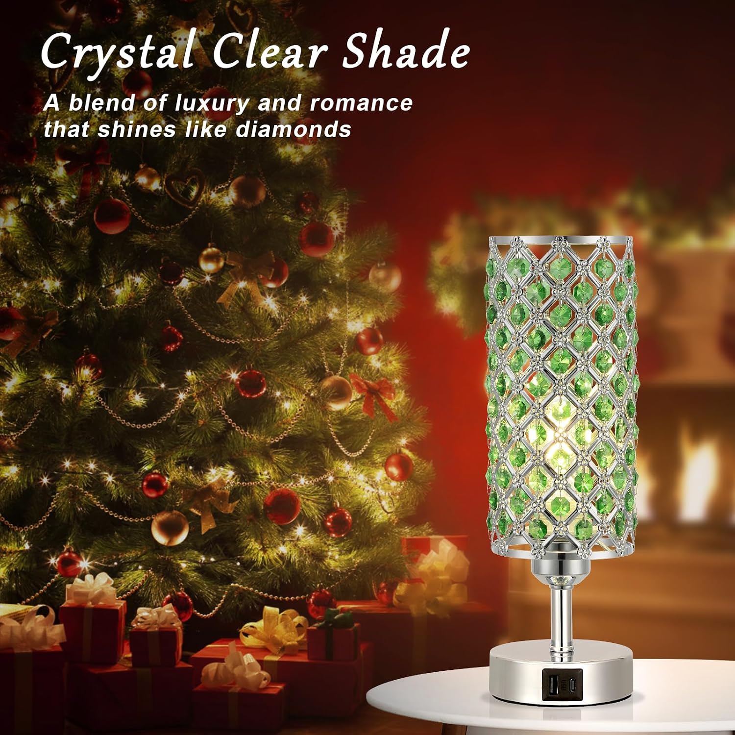 Hong-in Green Crystal Table Lamp - 3-Way Dimmable Touch Control, Bedside Lamp with USB C and A Ports, Nightstand Light for Living Room…