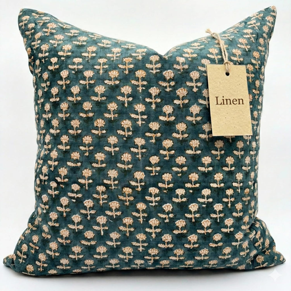 LineandLoop Linen Blue Throw Pillow Covers 20x20 inch Floral Pillows Spring Decorative Pillow Covers for Living Room, Bedroom 2 inches cott…