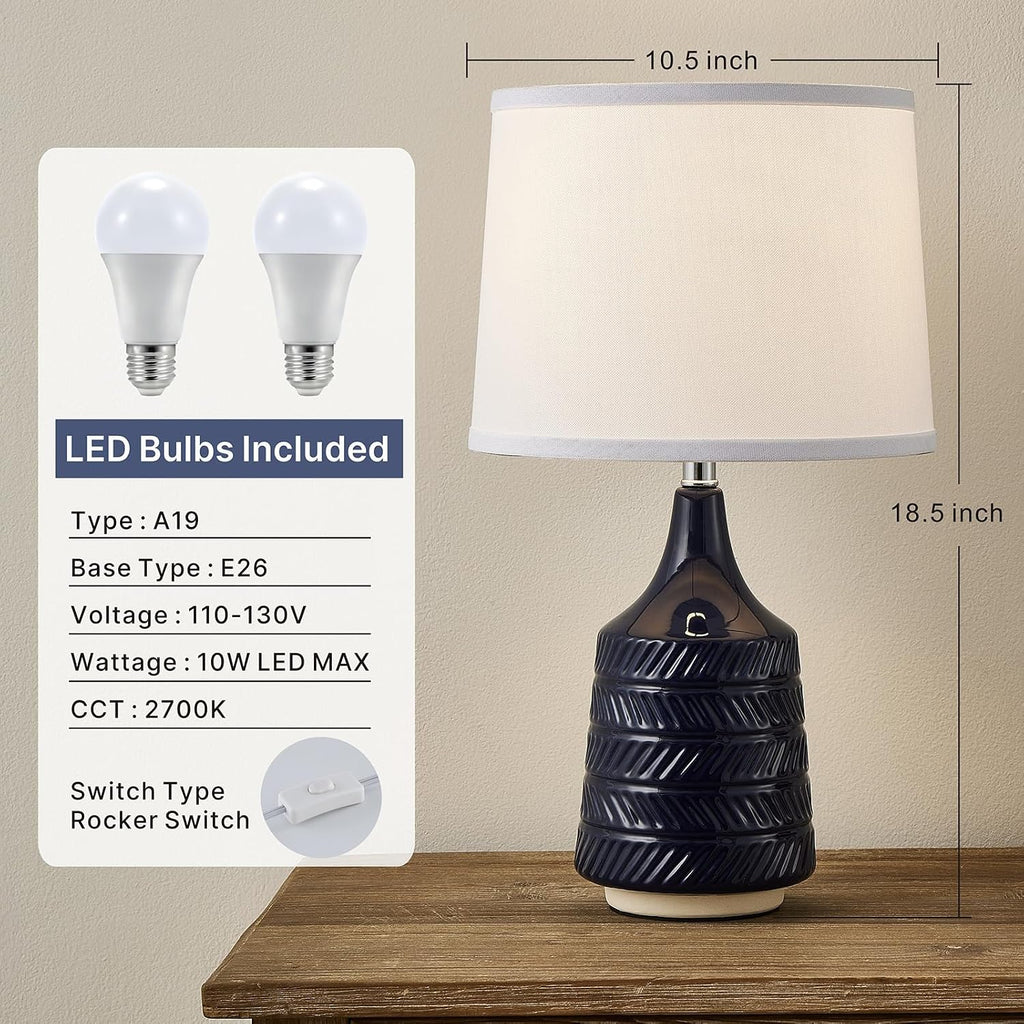 Dark Blue Ceramic Table Lamps Set of 2, 18.5" Modern Bedside Lamps for Night Stands, Classic Small Lamps for Living Room End Tables…