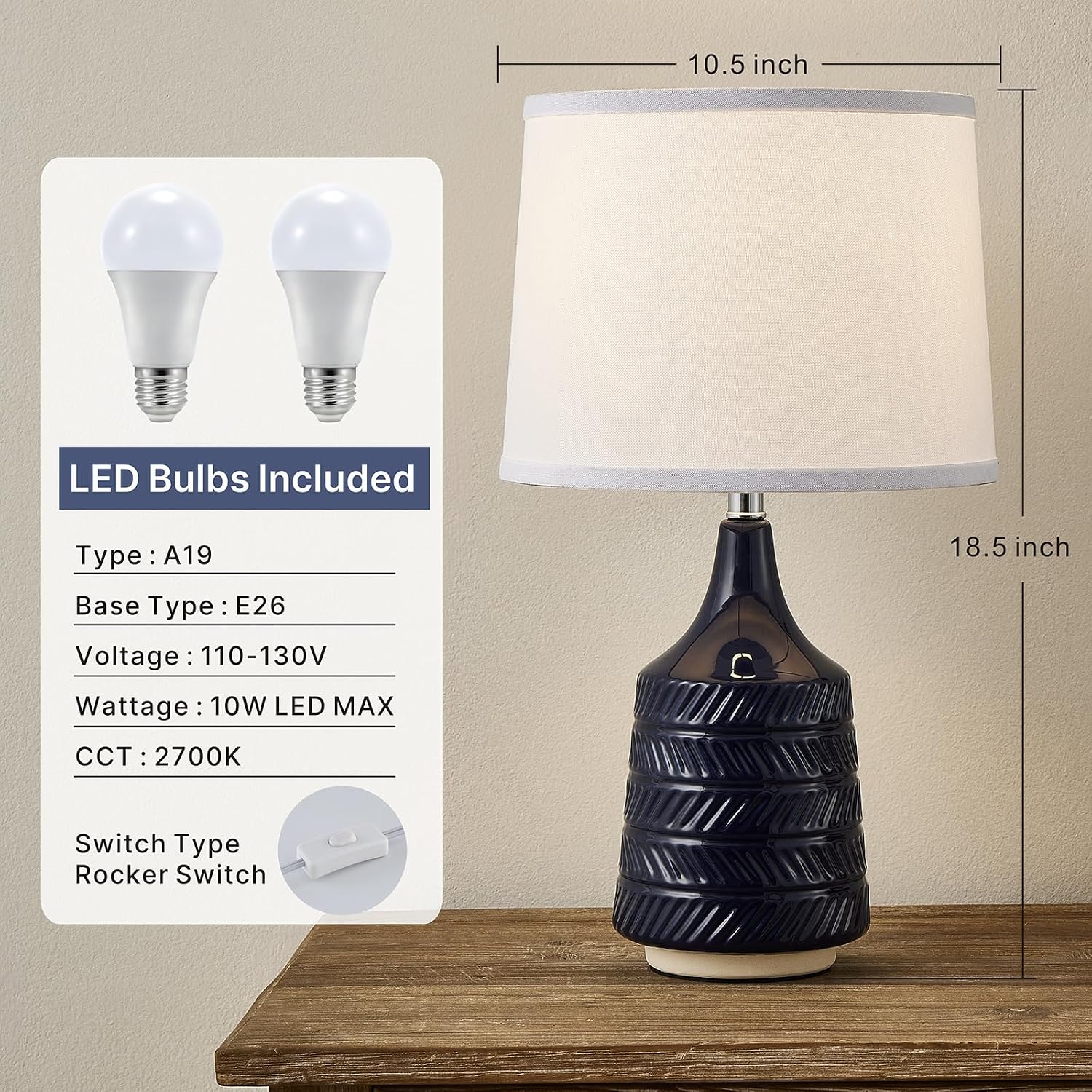Dark Blue Ceramic Table Lamps Set of 2, 18.5" Modern Bedside Lamps for Night Stands, Classic Small Lamps for Living Room End Tables…
