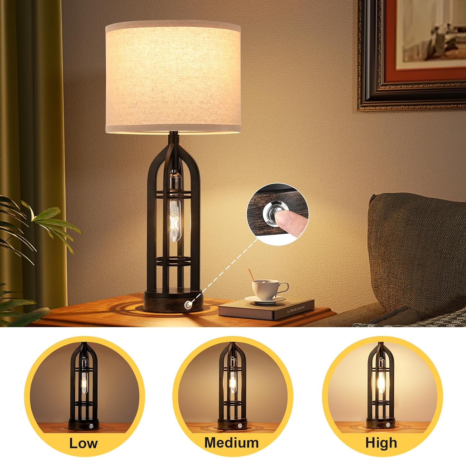 Seealle Table Lamps for Living Room - Black Bedside Lamp for Bedroom with USB C+A & Outlet, Farmhouse Lamps for Night Stands, 3-Way…