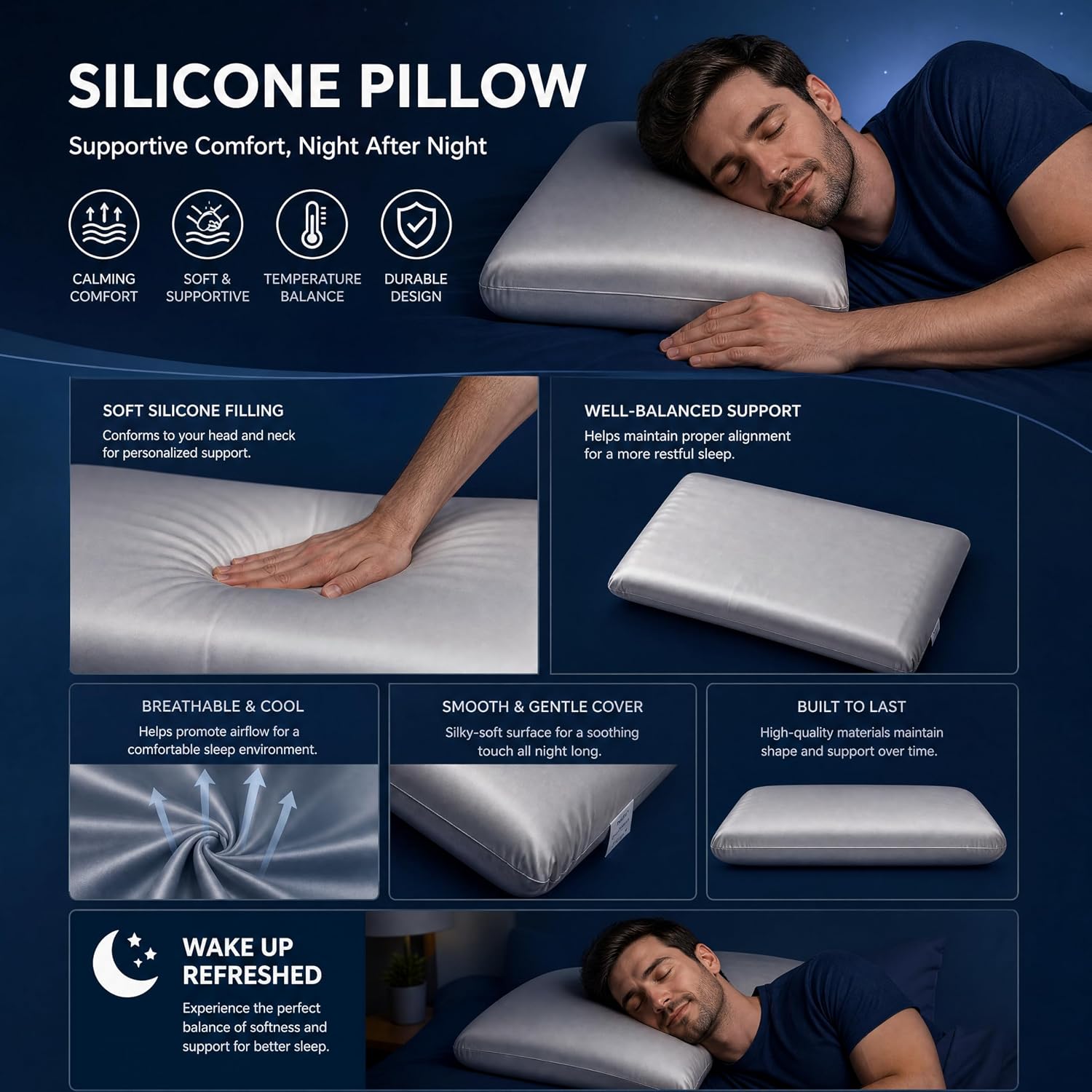 Wave Silicone Pillow for Sleeping, Cooling Ergonomic Neck Support Pillow with High Resilience Medium Firm Support, Breathable Washable…