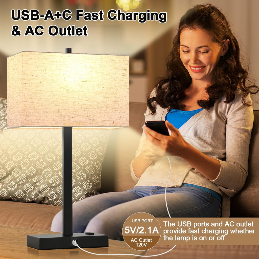 Lynnoland 21" Set of 2 Table lamp with USB A+C & AC Outlets, Touch Control 3-Way Dimmable Nightstand Lamps for Bedroom Living Room Office…