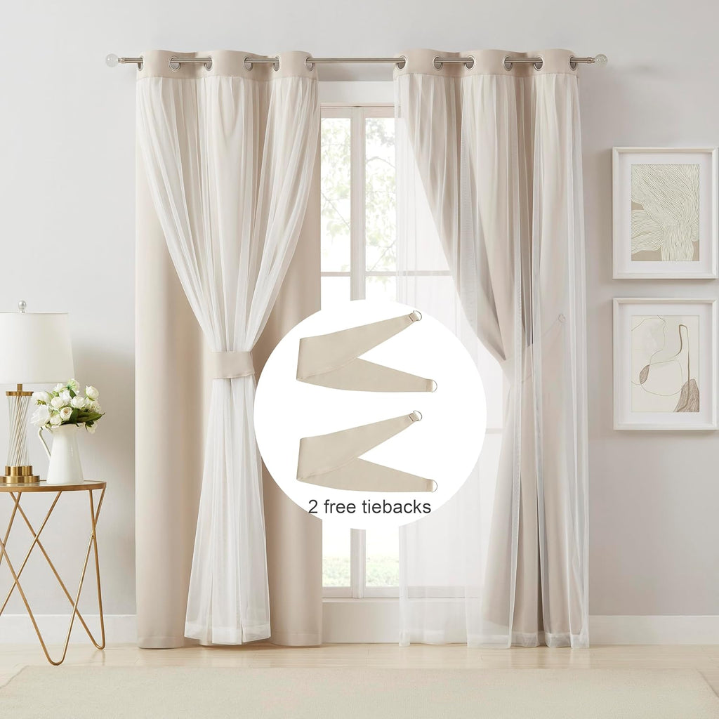 Bujasso Beige 80% Blackout Curtains with Sheer Overlay Mix and Match Double Layer Thermal Insulated Window Panels 84 inch for Living Room B…