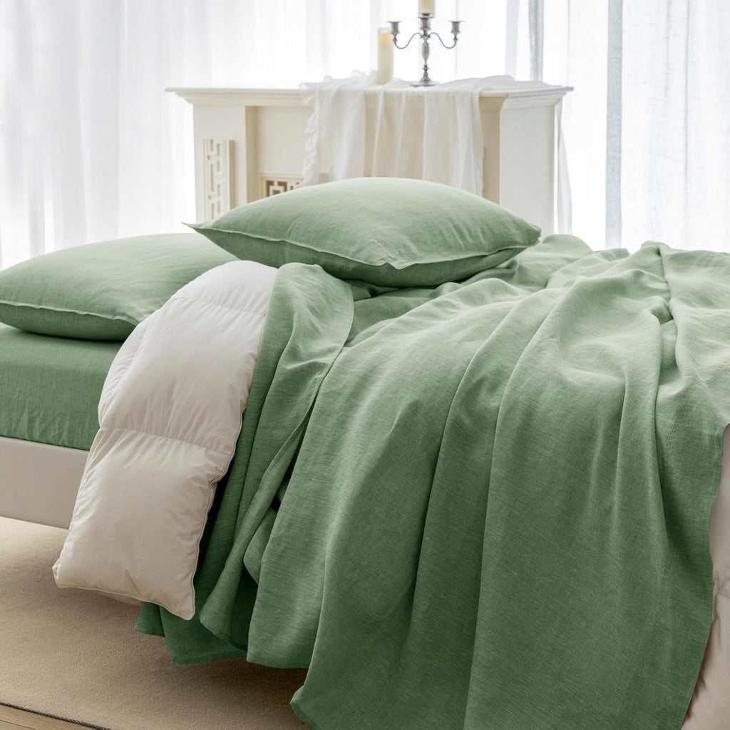 EVERLY 100% Linen Pillowcases Set of 2, Envelope Overlap Closure Natural Washed Flax Standard Queen Size 20x26 Inches - Saga Green