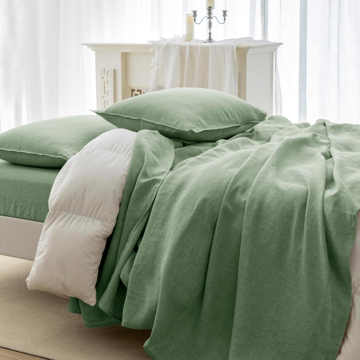 EVERLY 100% Linen Pillowcases Set of 2, Envelope Overlap Closure Natural Washed Flax Standard Queen Size 20x26 Inches - Saga Green