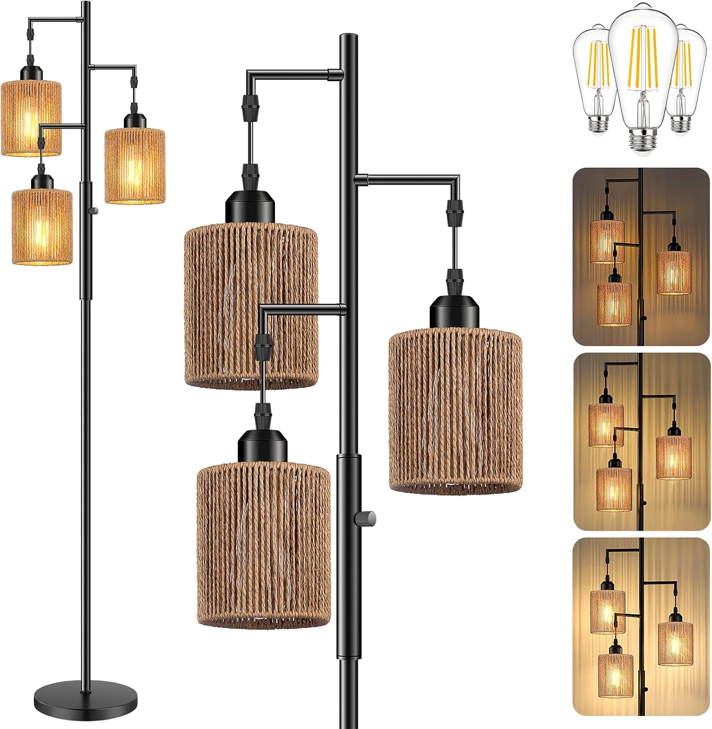 Hotsonic 72" Tall Boho Rattan Style Floor Lamp with Hand-Woven Paper Cord Shade, Dimmable Industrial Tree Standing Lamp for Living Room…