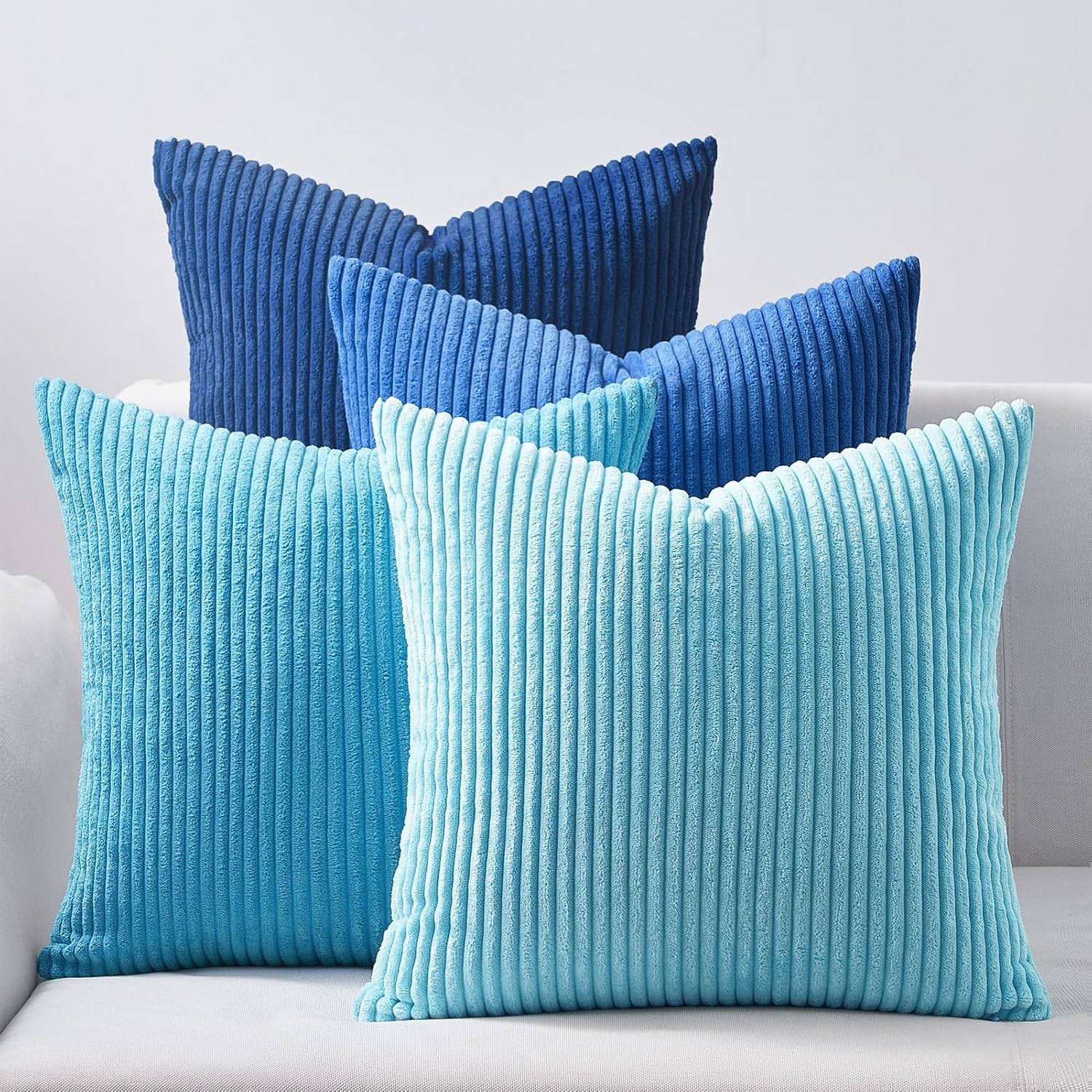 Topfinel Blue Decorative Throw Pillow Covers 16x16 Inch Set of 4, Soft Accent Corduroy Striped Gradient Color Small Cushion Cover for Beach,…