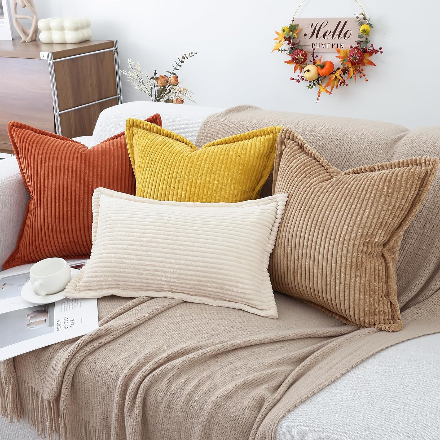 Mecatny Corduroy Summer Throw Pillow Covers 22x22 Set of 2, Neutral Decorative Soft Burnt Orange Boho Couch Pillow Covers with Broadside…
