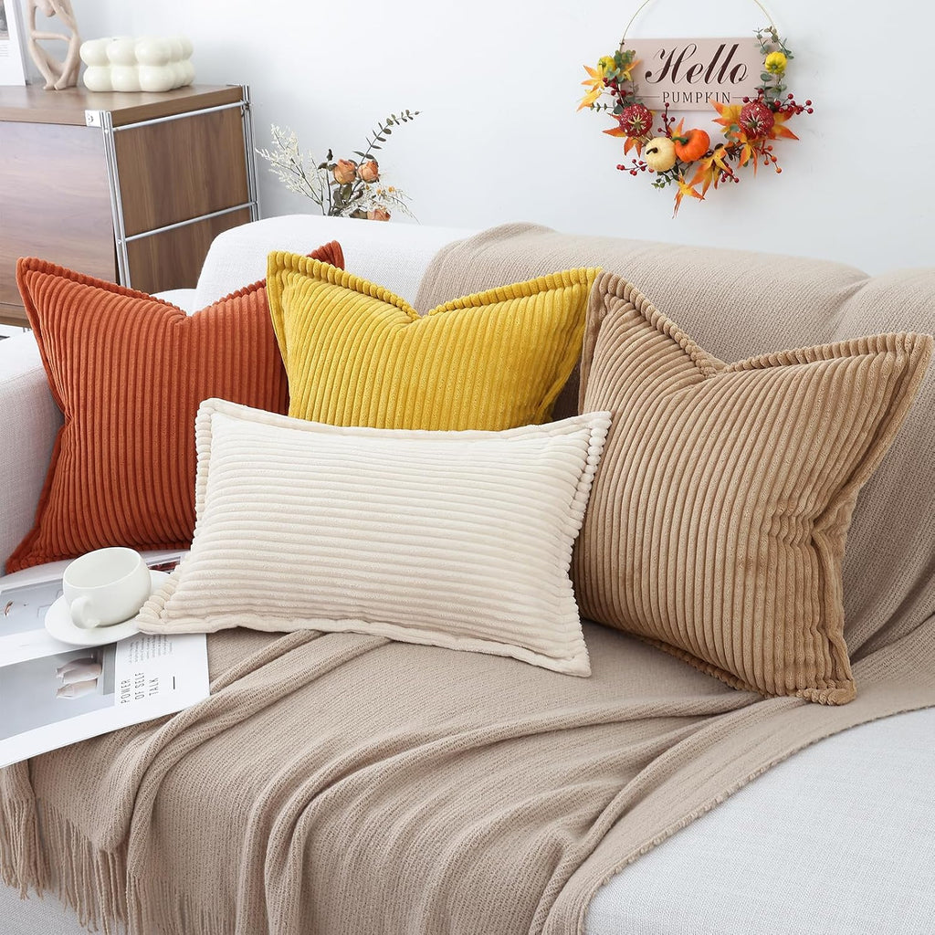Mecatny Corduroy Summer Throw Pillow Covers 12x20 Set of 2, Neutral Decorative Soft Burnt Orange Boho Lumbar Couch Pillow Covers with…