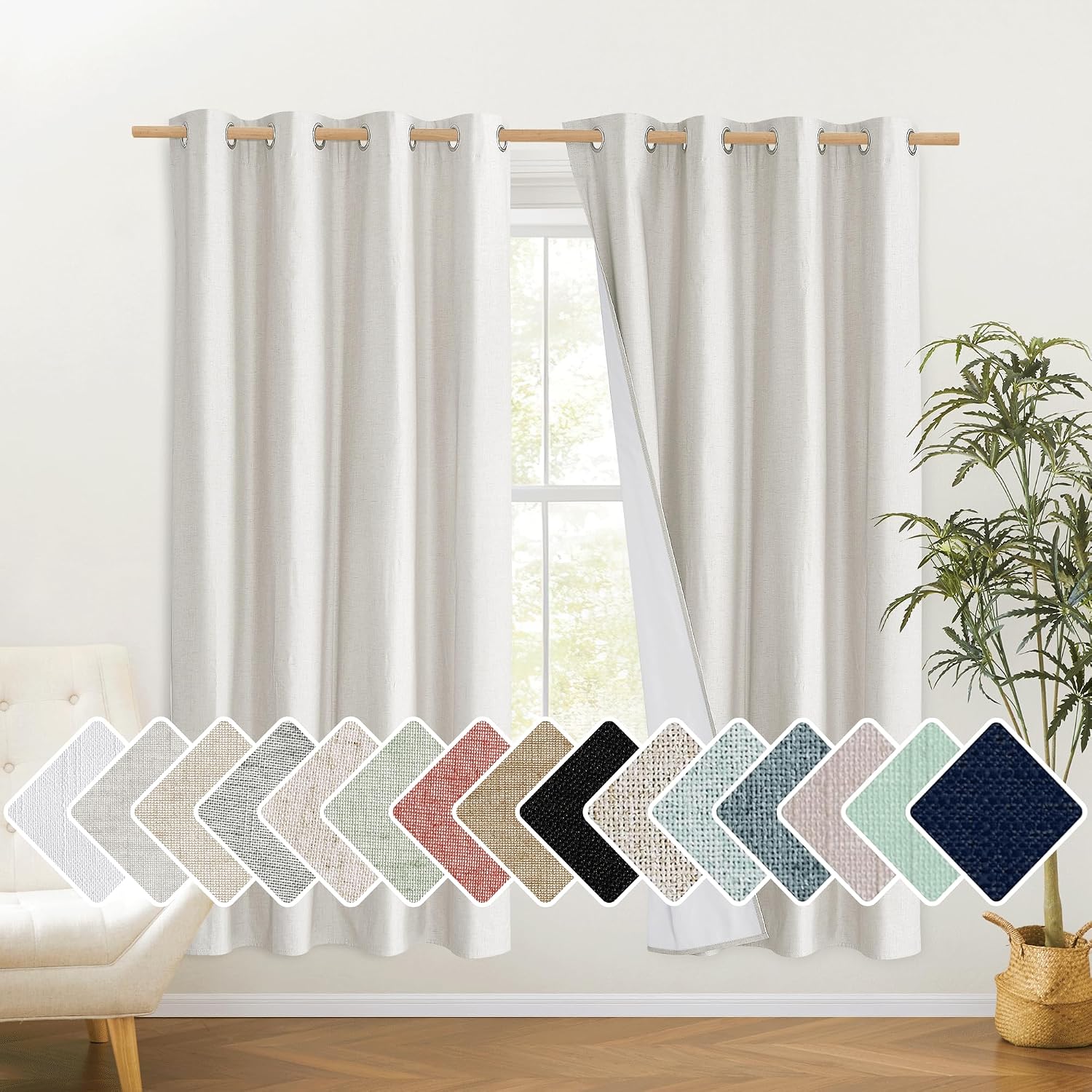 NICETOWN 100% Absolutely Blackout Linen Curtains with Thermal Insulated White Liner, Ivory, 52" Wide, 2 Pieces, Privacy Vertical Window…