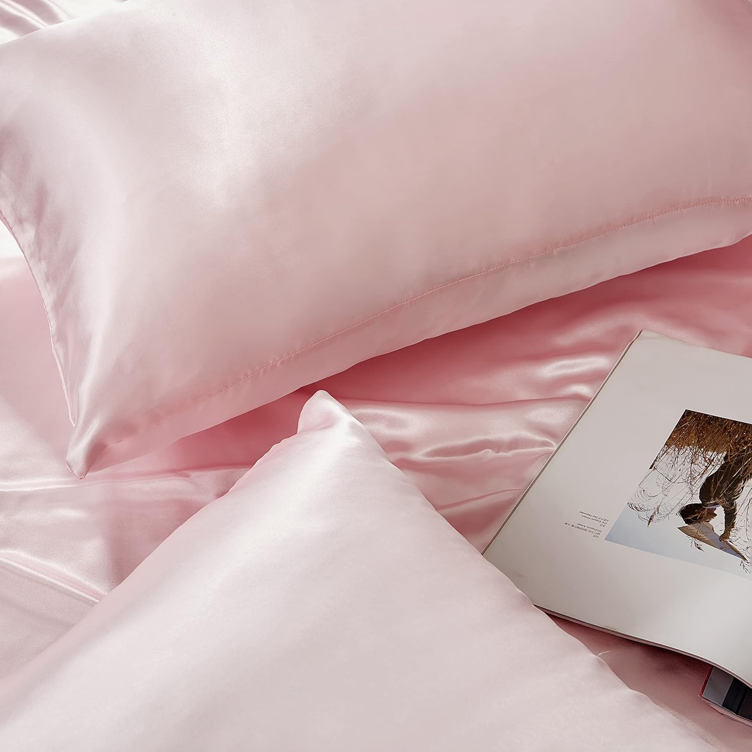 HommxJF Pink Satin Pillowcase Queen Size Set of 2 for Hair and Skin, Pink Silk Pillowcase Breathable Pillowcase with Envelope Closure Pink