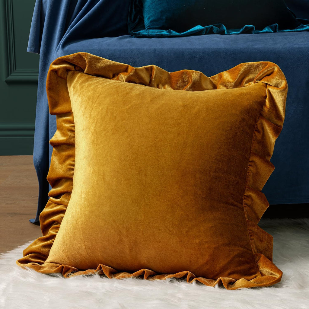 MIULEE Velvet Ruffle Throw Pillow Covers Soft Luxurious Golden Camel Pack of 2 18x18 Inch Square Cushions Vintage Gothic Decorative…