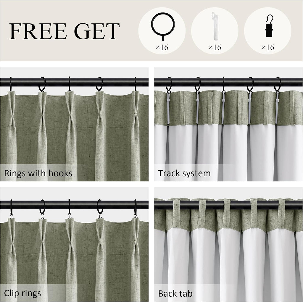 Boodii Sage Green 96 Inch 100% Blackout Linen Pinch Pleated Curtains for Bedroom Living Room 2 Panels Set Room Darkening Farmhouse Boho Bac…