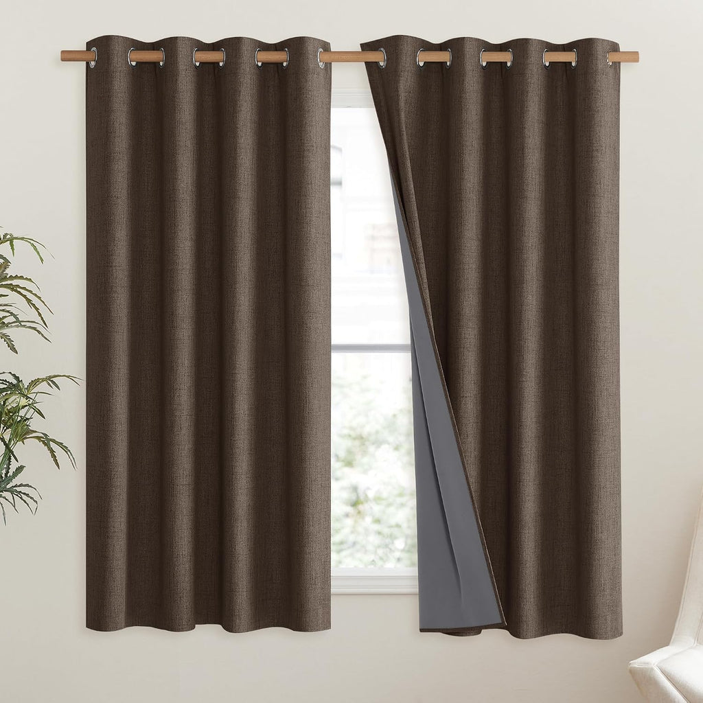 NICETOWN Coffee Vintage Linen 100% Blackout Curtains for Living Room, Thermal Insulated Curtains 45" Long, Noise Reducing Window…