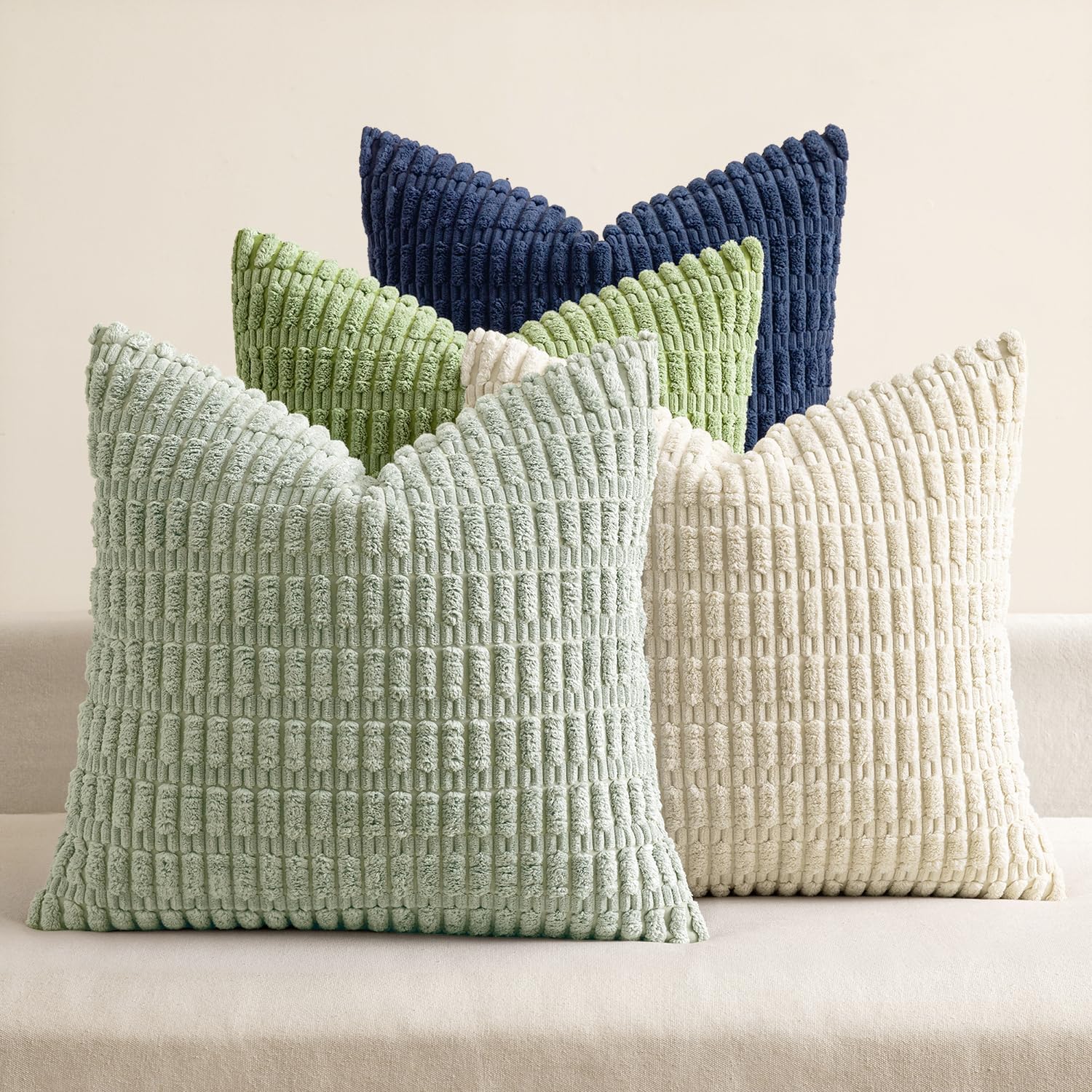 MIULEE Soft Corduroy Spring Throw Pillow Covers Set of 4 Green Blue 18x18 Inch Modern Farmhouse Boho Decorative Accent Cushion Covers for…