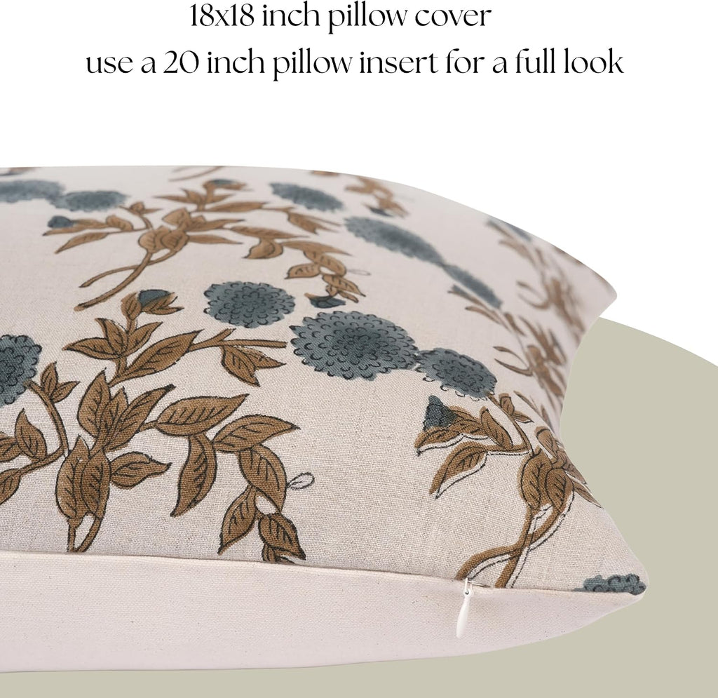 LineandLoop Linen Blue Throw Pillow Covers 18x18 inch Floral Pillows Spring Decorative Pillow Covers for Living Room Bedroom 2 inches cotto…