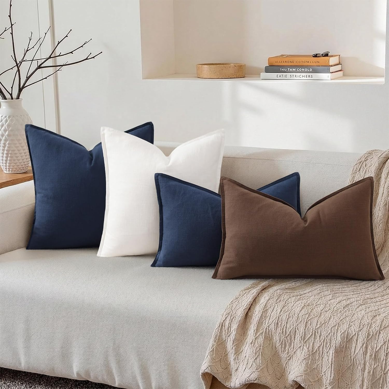 decorUhome Summer Decorative Linen Throw Pillow Covers 12x20 Inch Set of 2 Chocolate Lumbar Pillow Covers with Flange Edges Soft Farmhouse…