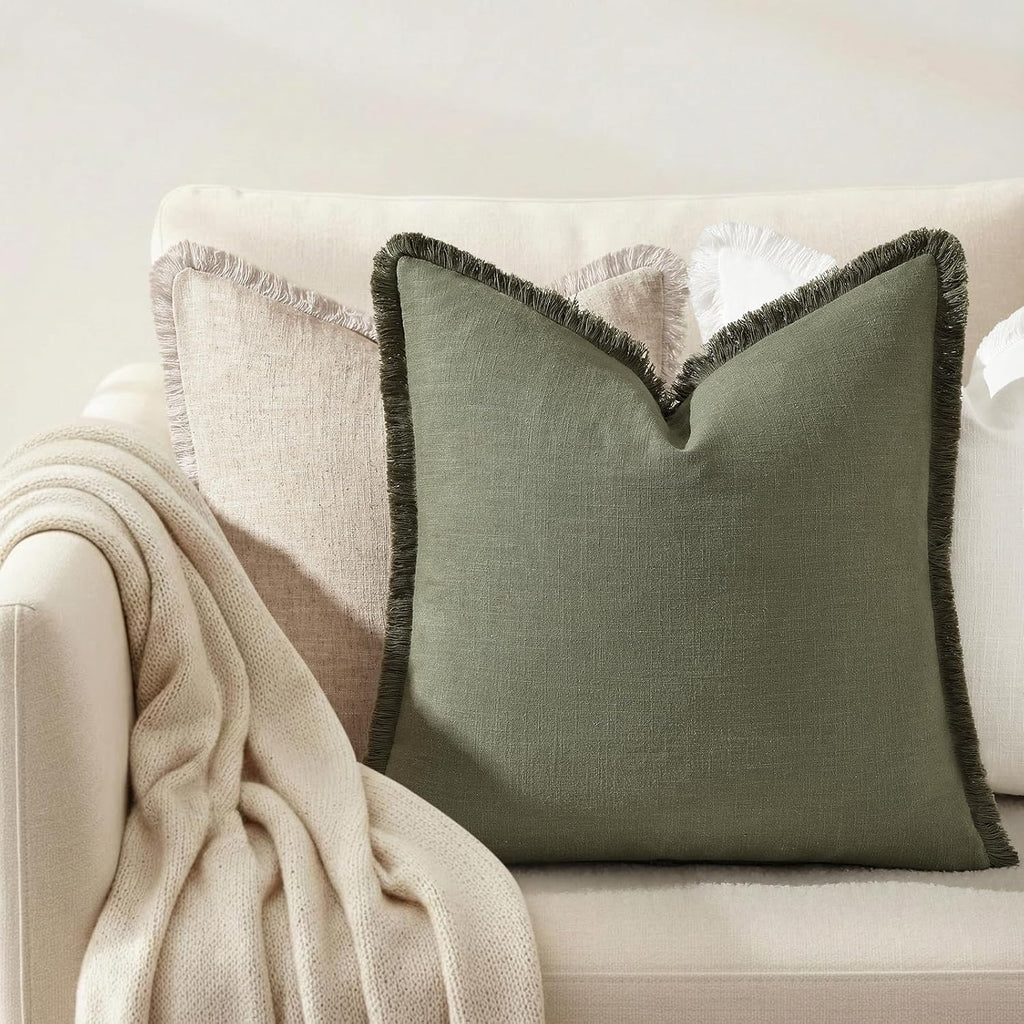 decorUhome Summer Decorative Neutral Linen Fringe Throw Pillow Covers Set of 2 Olive Green Pillow Covers with Tassels Soft Farmhouse Boho A…