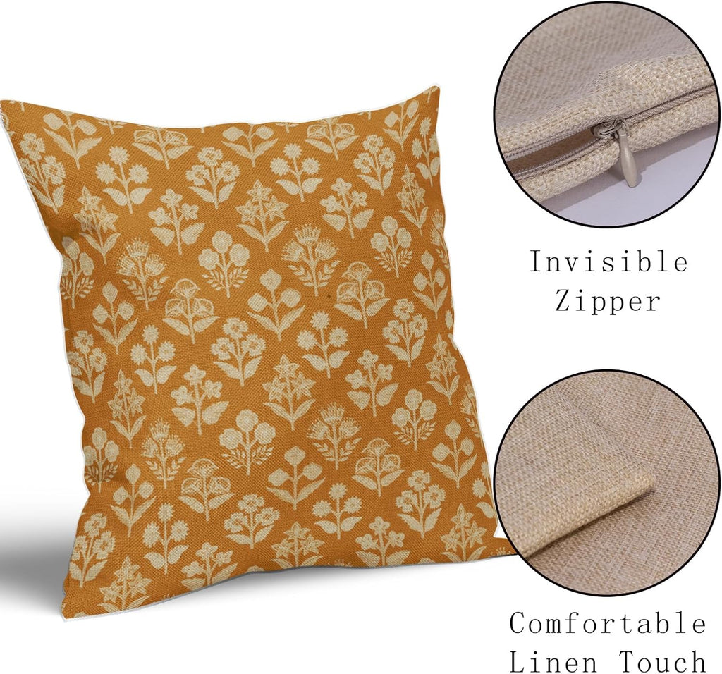 Mustard Yellow Floral Block Print Pillow Covers 18x18 Inch Set of 2, Vintage Flower Pattern Decorative Throw Pillowcases Outdoor…