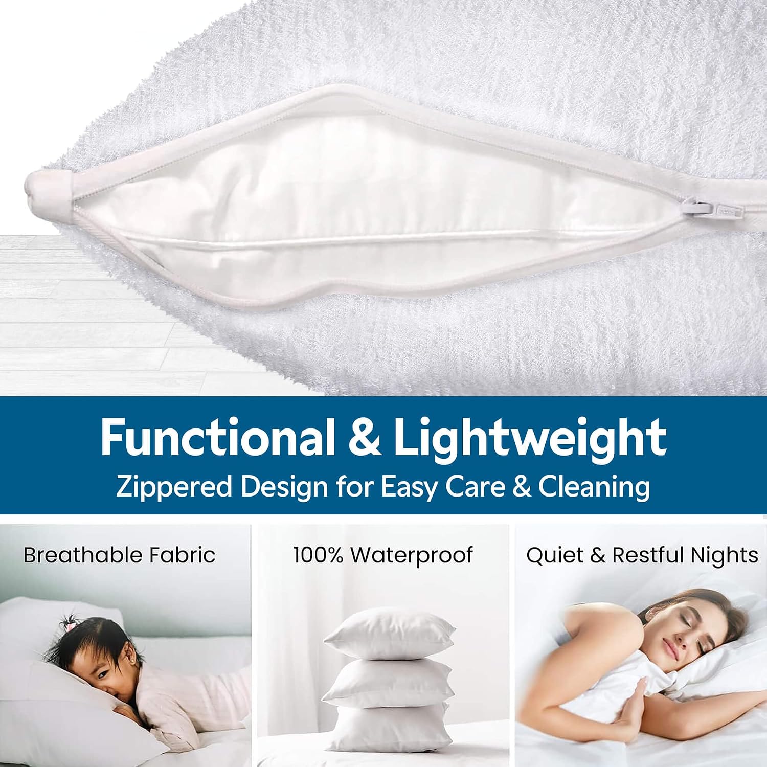Guardmax Terry Cotton Pillow Protector with Zipper Queen Size - 2 Pack -100% Waterproof, Bed Bug Proof, Dust Mite Proof, & Hypoallergenic P…