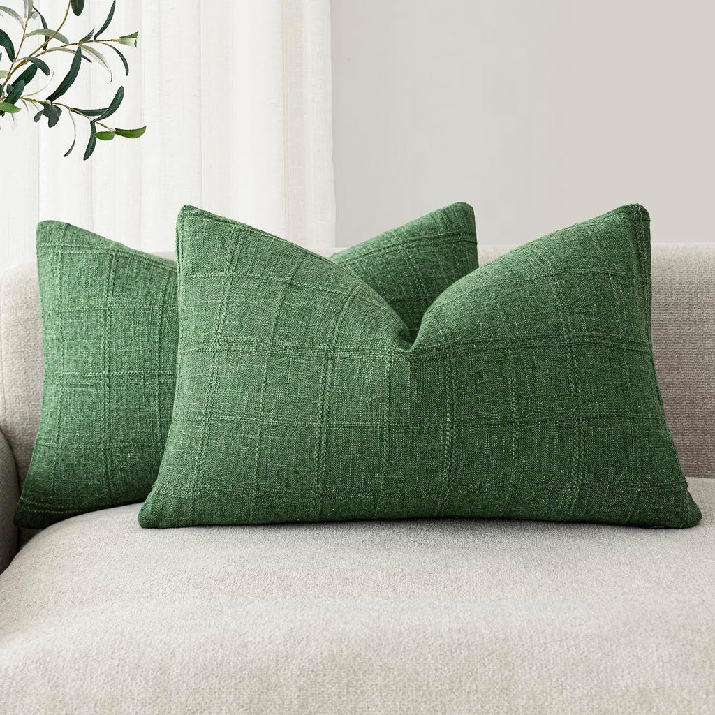 Foindtower Set of 2 Decorative Linen Check Throw Pillow Covers Neutral Farmhouse Lumbar Cushion Covers Modern Boho Accent Home Decor for…