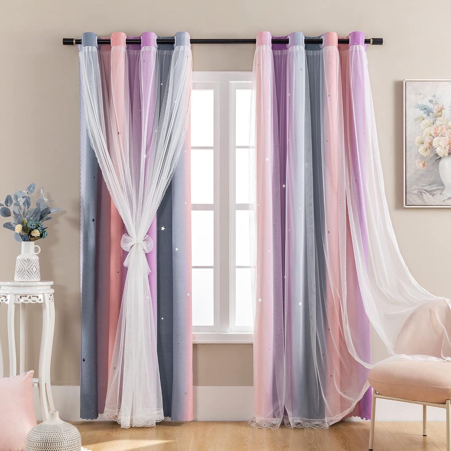 Addsomecolortolife XiDi Dream Star Blackout Curtains for Kids Rooms Girl Princess Curtain for Daughter Bedroom Window (Grey Pink Purple, W3…